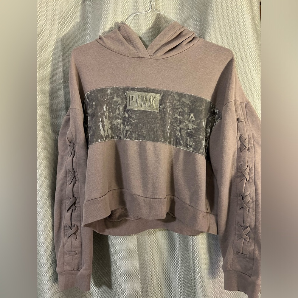 LOVE PINK Taupe Velvet Cropped Hoodie